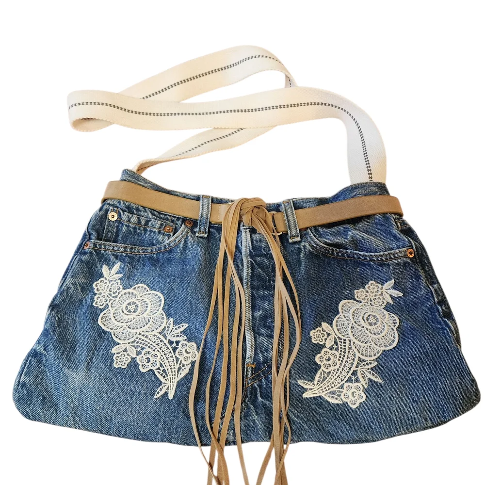Upcycled Denim Crossbody Bag Vintage Style Boho - Picture 1 of 9